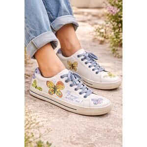 Brighton Fly Me Butterfly Sneakers Leather Lace Up Shoes Whimsical Art Womens